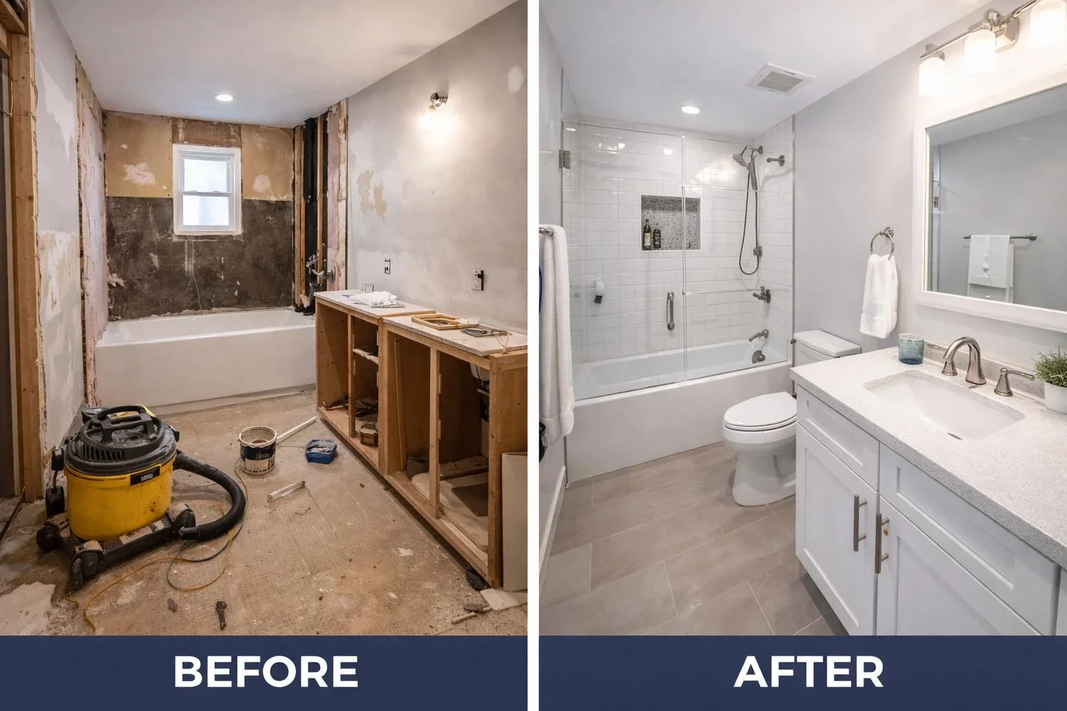 Before and after bathroom remodel showing gutted space transformed into modern white bathroom with glass shower