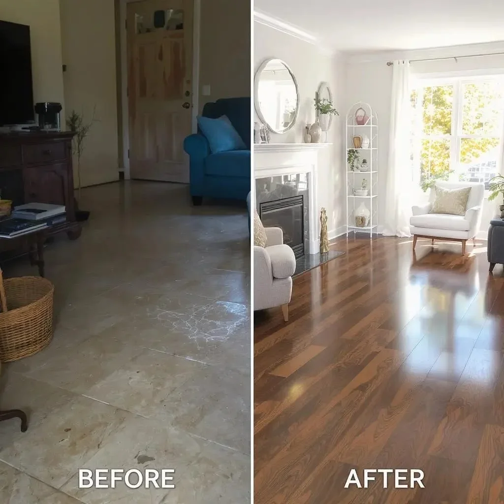 Before and after hardwood flooring installation in living room with fireplace