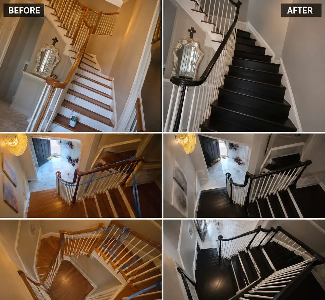 Before and after staircase refinishing showing transformation from natural wood to black stairs with black handrail