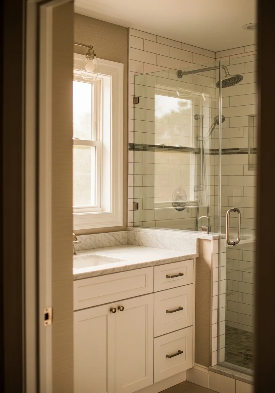 A modern bathroom renovation featuring a walk-in shower, vanity with storage, and updated tile work.