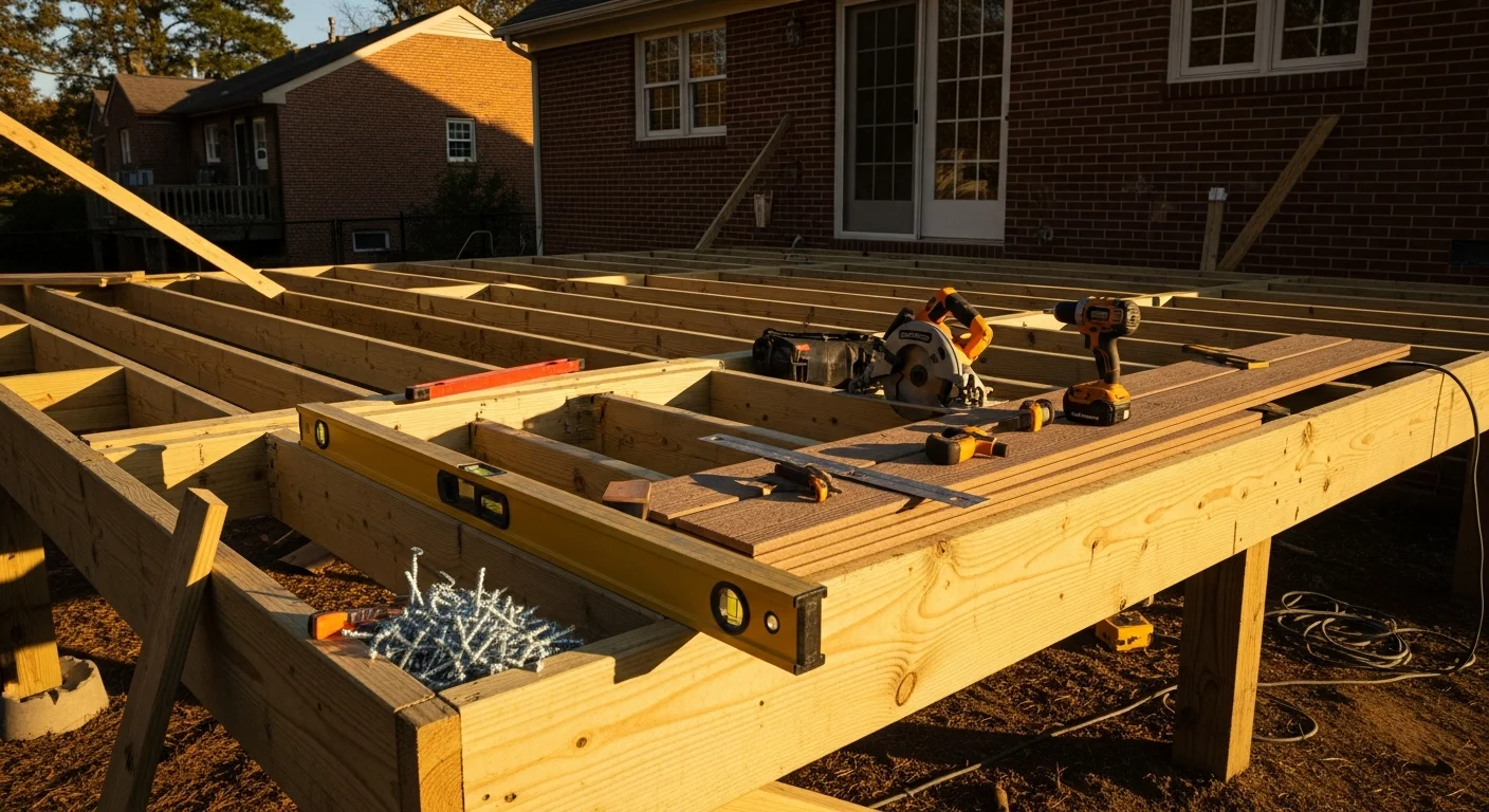 A newly built wood-framed backyard deck attached to the rear of a residential home undergoing kitchen and bathroom renovation. The deck features clean railing lines, open board spacing, and stair access to the yard.