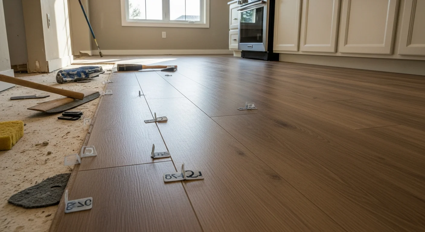 Newly installed water-resistant flooring in a renovated kitchen, showing clean grout lines and a smooth surface extending into an adjacent bathroom. Oliver Home Remodeling completed this flooring installation as part of a full kitchen and bathroom renovation project.