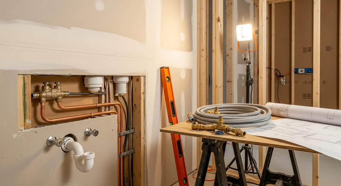 A newly completed kitchen renovation showing a stainless steel sink with fresh supply line connections and a clean drain installation beneath open cabinetry. The plumbing rough-in is visible before cabinet doors are hung, showing properly routed hot and cold supply lines in a remodeled kitchen.